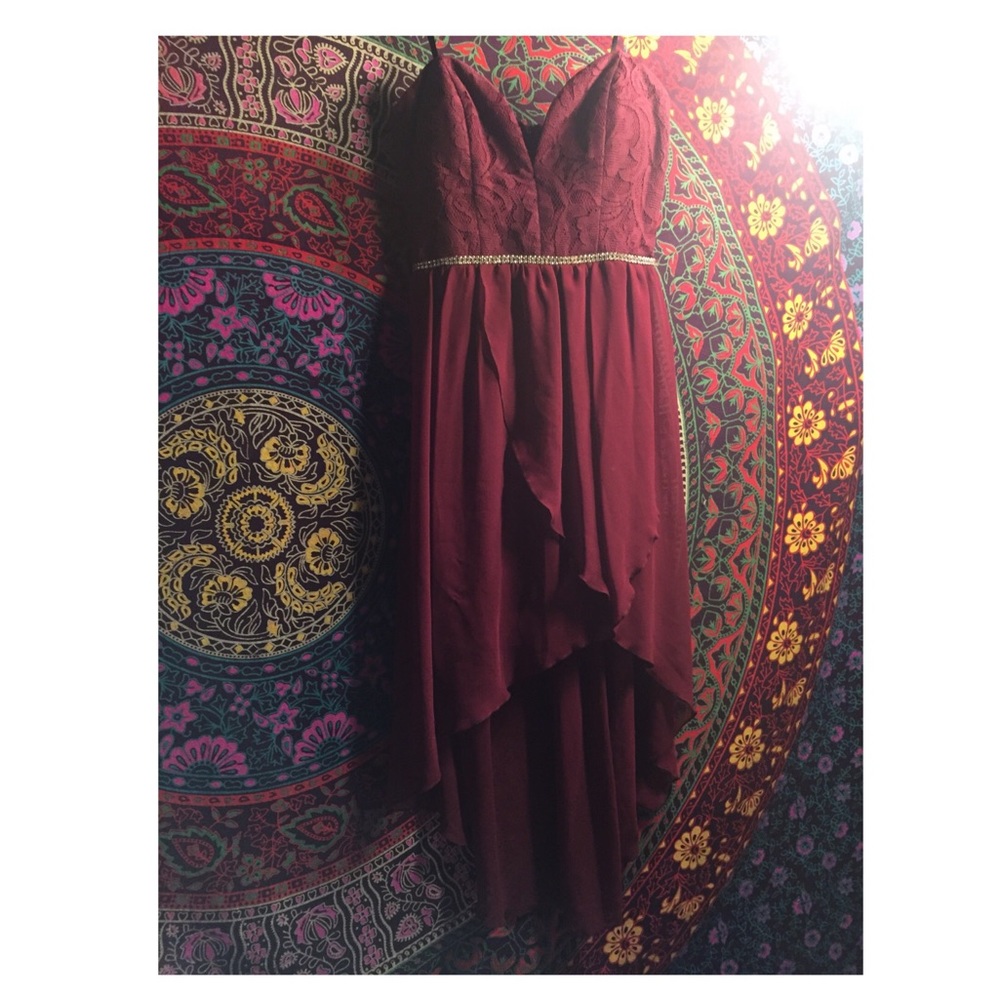 Burgundy Lace Jeweled High-Low Dress